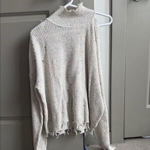 Distressed Knit Mock Neck, Cold Shoulder Sweater in Cream